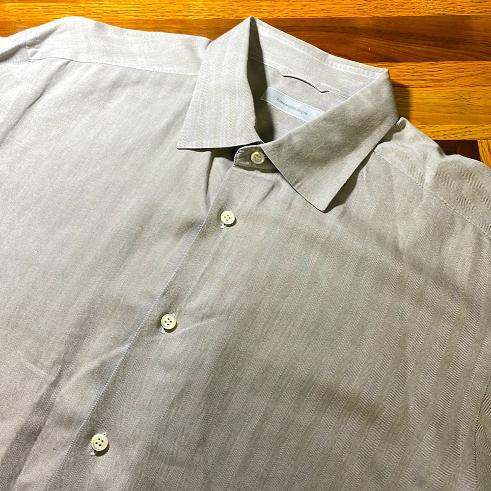 Ermenegildo Zegna mens 2XL XXL light beige tan stripe button up casual shirt EUC